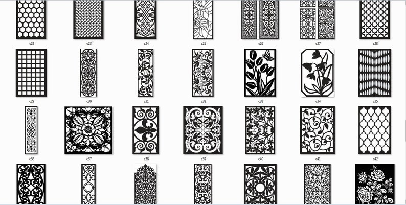 May include: A collection of 28 black and white laser cut designs for decorative screens, panels, or stencils. The designs feature geometric, floral, and abstract patterns.