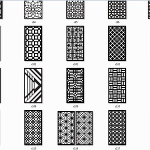 May include: A collection of 24 black and white geometric patterns, suitable for laser cutting, CNC routing, or other crafting projects. The patterns are arranged in a grid format, with each pattern labeled with a number.