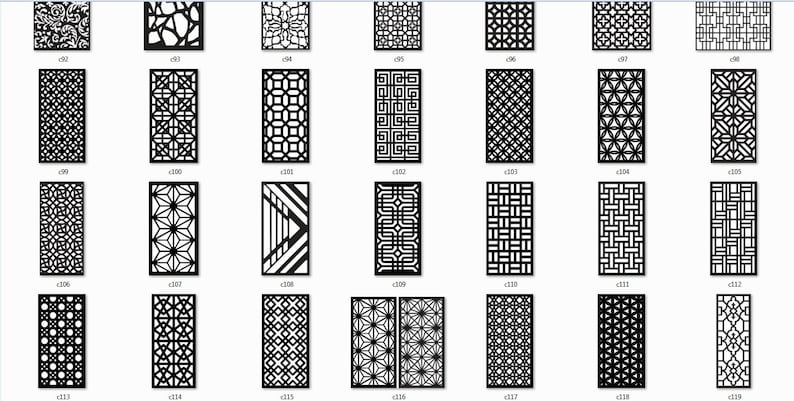 May include: A collection of 24 black and white geometric patterns, suitable for laser cutting, CNC routing, or other crafting projects. The patterns are arranged in a grid format, with each pattern labeled with a number.