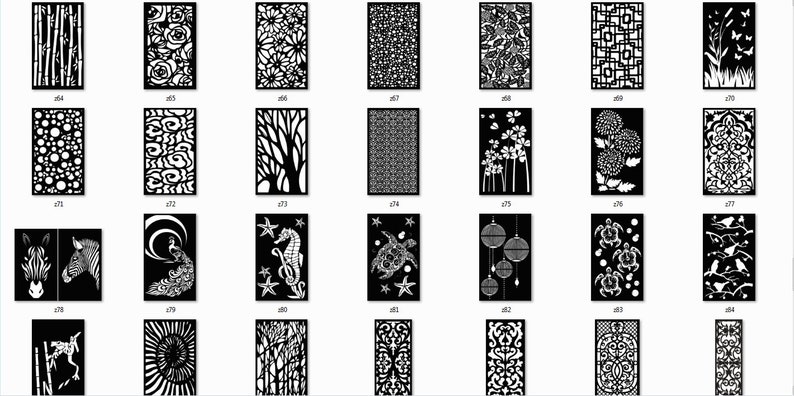 May include: A collection of 25 black and white digital designs featuring various patterns and images, including animals, plants, and geometric shapes. These designs are perfect for creating laser cut stencils, screen printing, or other crafting projects.