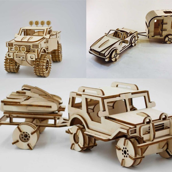 Car + Caravan Wooden DXF,Jeep 3D puzzle,Monster Truck laser cut,car wooden,cars wood model laser cut,3d Wooden puzzle dxf,instant download
