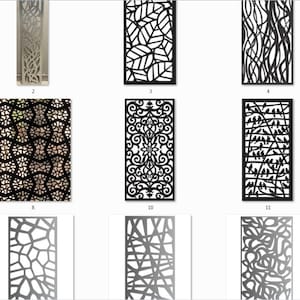 May include: A collection of 12 different black and white laser cut screen designs. The designs feature various patterns, including leaves, geometric shapes, and abstract designs.
