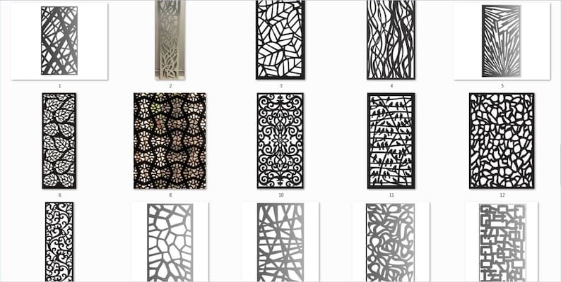 May include: A collection of 12 different black and white laser cut screen designs. The designs feature various patterns, including leaves, geometric shapes, and abstract designs.