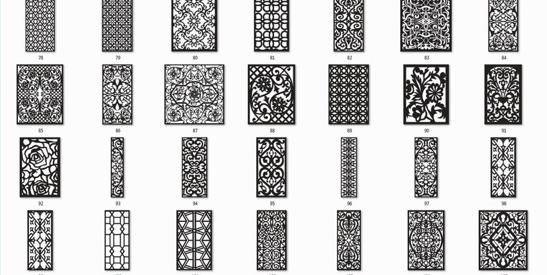 May include: A collection of 24 black and white decorative laser cut designs. The designs are intricate and feature geometric patterns, floral motifs, and abstract shapes.