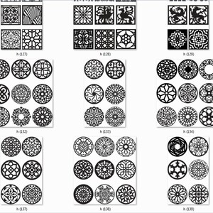 May include: A set of 18 black and white digital designs featuring intricate geometric patterns. The designs are arranged in a grid of 3 rows and 6 columns. Each design is a square or circle with a unique pattern.
