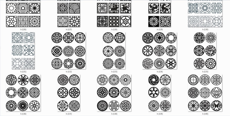 May include: A set of 18 black and white digital designs featuring intricate geometric patterns. The designs are arranged in a grid of 3 rows and 6 columns. Each design is a square or circle with a unique pattern.
