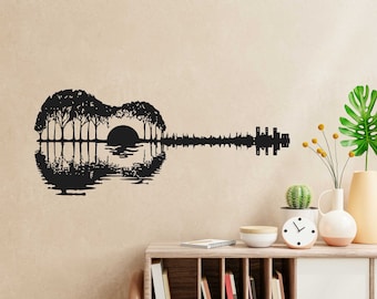 guitar home decor,guitar with trees art,guitar with Sun sunset ,Sun sunset svg,guitar svg,music guitar, vector file for cnc laser cutting