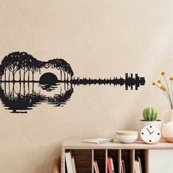 guitar home decor,guitar with trees art,guitar with Sun sunset ,Sun sunset svg,guitar svg,music guitar, vector file for cnc laser cutting