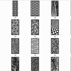 May include: A collection of 24 black and white laser cut screen designs. The designs include geometric patterns, floral motifs, and abstract shapes.