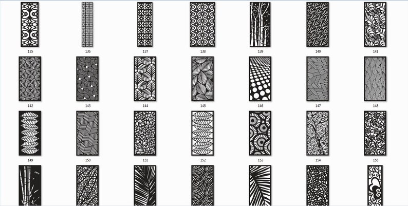 May include: A collection of 24 black and white laser cut screen designs. The designs include geometric patterns, floral motifs, and abstract shapes.
