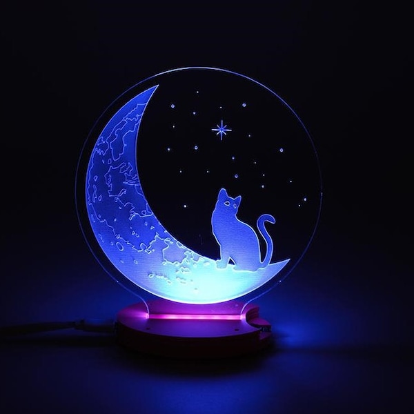 Katze auf Mond 3D Lampe Datei, Plan Vektor Datei für CNC Laser,Katze 3D Illusion,Cat Night Lghit 3D LED Lampe