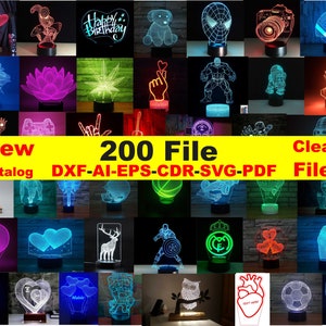 Puede incluir: Una colección de luces nocturnas LED 3D con varios diseños, incluyendo corazones, superhéroes y texto. La imagen muestra una variedad de colores y formas, con el texto "New 200 File Clean Catalog DXF-AI-EPS-CDR-SVG-PDF Files".