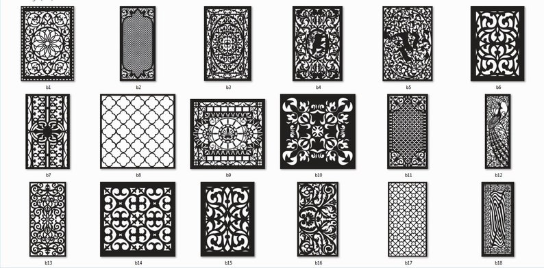 May include: A set of 18 black and white decorative laser cut designs. The designs are intricate and feature geometric patterns, floral motifs, and abstract shapes.