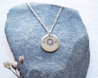 Radiant Love Necklace | Shining Heart & Custom Initials | Personalised Coin Necklace | Handmade Sustainable Recycled Silver Pendant