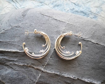 Wild Wave Hoops - Large | Sustainable Recycled Silver Hoop Earrings | Ocean Wave Surf Earrings | Handmade In Cornwall