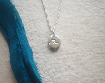 Courage & Love | Wave and Heart Double-Sided Mini Charm Necklace | Wild Swimmer Gift | Sustainable Recycled Silver | Handmade in Cornwall