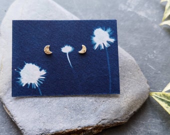 Mini Crescent Moon Studs | Handmade Recycled Silver Moon Stud Earrings | Minimal Studs on Original Illustrated Eco-Friendly Cards