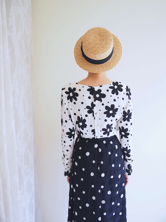Black and White Dotted Pencil Skirt/ 80's chic pen
