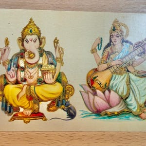 Cartão postal de Ganesh Saraswati, cartão de felicitações de Diwali, divindade hindu, decoração de templo doméstico, cartão não utilizado, cartão postal hindu