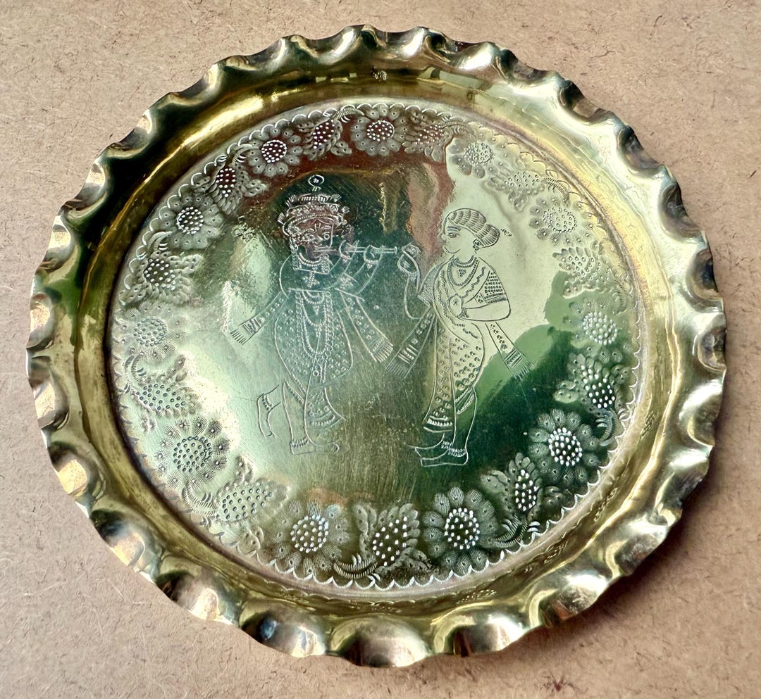 Antique Indian Brass Engraved Tray, Brass Plate, Krishna, Hindu God ...