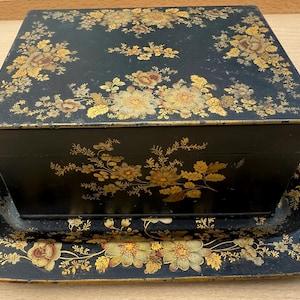Antique Toleware box and tray, hand painted floral tinware tea caddy set
