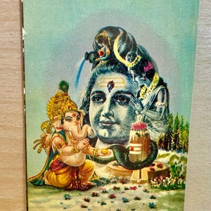Vintage Indian unused Diwali postcard, Lord Ganesha and Shiva illustration