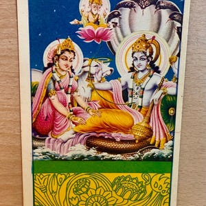 Vishnu Postkarte, unbenutzte Diwali Grußkarte, indische Vintage Lithographie Karte, indische Lithographie, Karte für zu Hause, Tempel, hinduistische Postkarte
