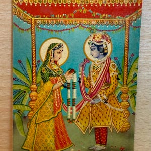 Cartolina di Krishna Radha, biglietto d'auguri per Diwali, stampa litografica indiana d'epoca, divinità indù, cartolina inutilizzata, decorazione per tempio domestico