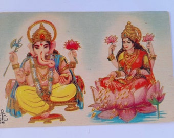 Antique Indian Postcard, Ganesh, Laxmi