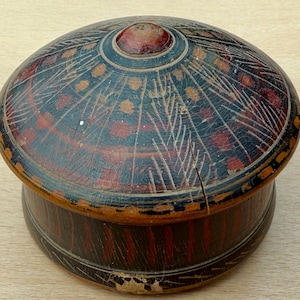 Vintage Indian painted lacquer box, round tribal wooden storage container