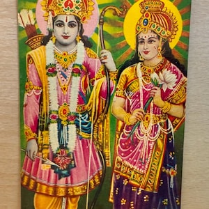Cartão postal de Ram Sita, deusa hindu, cartão postal de Diwali, cartão de felicitações não utilizado, impressão litográfica indiana vintage, arte religiosa, decoração de templo