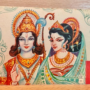 Ram Sita Postkarte, unbenutzte Karte, Diwali Grußkarte, indischer Vintage Druck, Heimdekor, hinduistische Göttin Göttin, hinduistische Postkarte