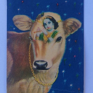Cartolina di Krishna, stampa litografica indiana d'epoca, divinità indù, biglietto d'auguri di Diwali, cartolina inutilizzata, decorazione per tempio domestico