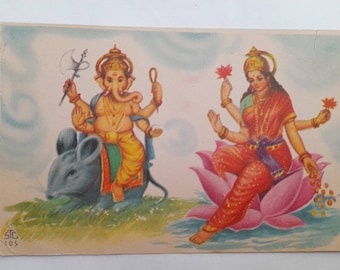 Antique Indian Postcard, Ganesh, Laxmi