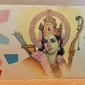 Lord Rama postcard, Diwali greeting card, Hindu god deity, vintage Indian lithograph print, home temple decor, unused card, Hindu postcard
