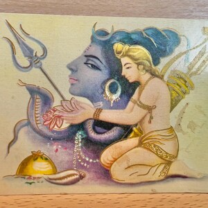 Shiva Postkarte, unbenutzte Diwali Grußkarte, indische Vintage Lithographie, hinduistische Gottheit, Heimtempel Dekor, Hinduistische Postkarte
