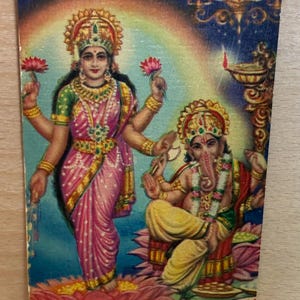 Ganesh Laxmi Postkarte, unbenutzte Karte, hinduistische Gottheit, Göttin-Gottheit, Diwali Grußkarte, Hausstempeldekor, hinduistische Karte