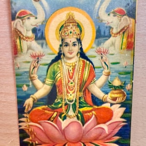 Laxmi Postkarte, indische Vintage Lithographie, unbenutzte Karte, Diwali Grußkarte, hinduistische Göttin Gottheit, Heimtempeldekor, hinduistische Postkarte
