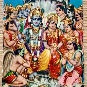 Rare vintage Goddess Lakshmi, Vishnu & Shesha, unused Hindu Diwali greetings lithograph print picture postcard