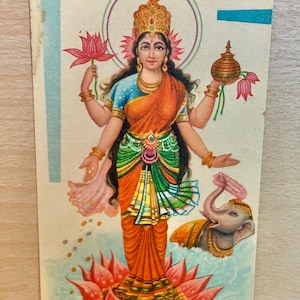 Laxmi Postkarte, unbenutzte Karte, Diwali Karte, hinduistische Göttin Gottheit, antiker Lithographie-Druck, Wanddeko