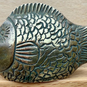 Brass card holder, table place marker, vintage Indian brass fish,