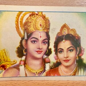 Cartão postal de Rama Sita, cartão de felicitações de Diwali, deusa hindu, impressão litográfica indiana vintage, cartão novo, decoração de templo doméstico