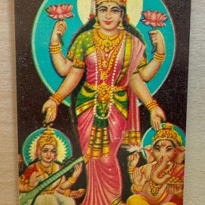 Laxmi Postkarte, Diwali Grußkarte, indische Vintage Lithographie, hinduistische Göttin Gottheit, unbenutzte Karte, Heimtempeldekor, Hinduistische Postkarte