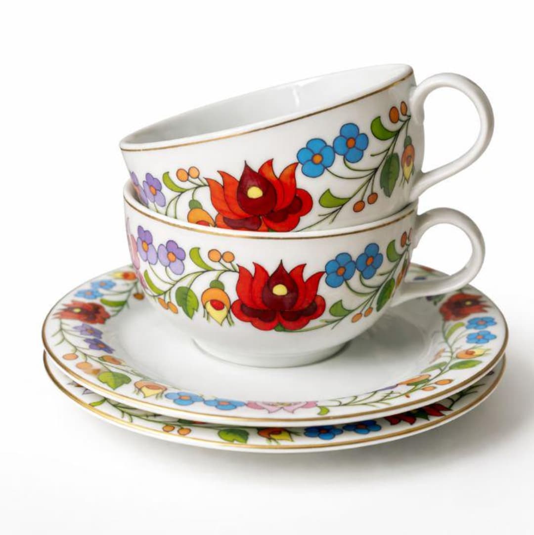 Vintage Hungarian Kalocsa Hand Painted Porcelain Coffee Cup Pair