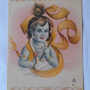 Cartão postal de Krishna, cartão de felicitações de Diwali, impressão litográfica indiana vintage, divindade hindu, cartão não utilizado, decoração de templo doméstico