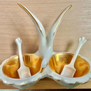 Vintage Porzellan Gold vergoldet Vogel Design Doppel-Teller, Salzstreuer mit Löffeln