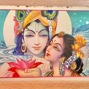 Krishna Radha Karte, hinduistische Gottheit Gottheit, Diwali Grußkarte, Heimstempel Dekor, Vintage indische Karte, Karte, Karte