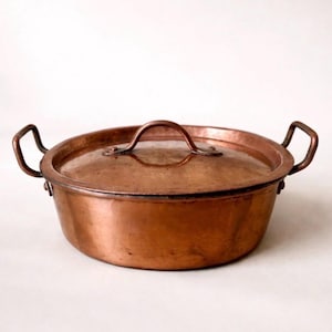 Antique French Copper Cooking Pot, Rustic Table Serving Ware, Vintage Kitchen Decor