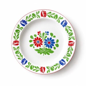 Può includere: Un piatto rotondo bianco caratterizzato da un motivo floreale centrale con petali rossi e blu e foglie verdi. Il bordo è decorato con un motivo ripetitivo di fiori rossi e blu intervallati da rametti di foglie verdi, il tutto bordato di rosso.