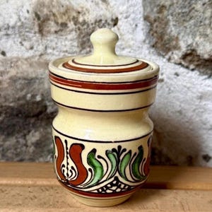 Vintage Hungarian hand painted rustic folk art pottery lidded kitchen storage canister jar